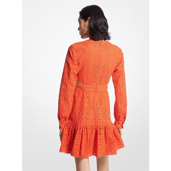 MICHAEL Michael Kors Eyelet Voile Side Cut-Out Mini Dress Long Sleeve Orange 12 - Picture 2 of 6